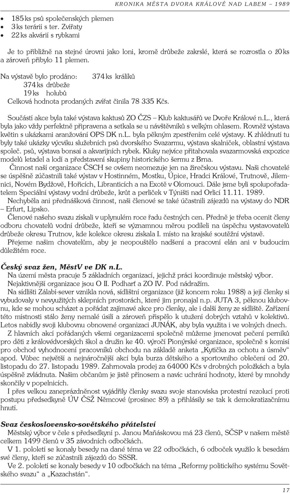 Na výstavě bylo prodáno: 374 ks králíků 374 ks drůbeže 19 ks holubů Celková hodnota prodaných zvířat činila 78 335 Kčs.