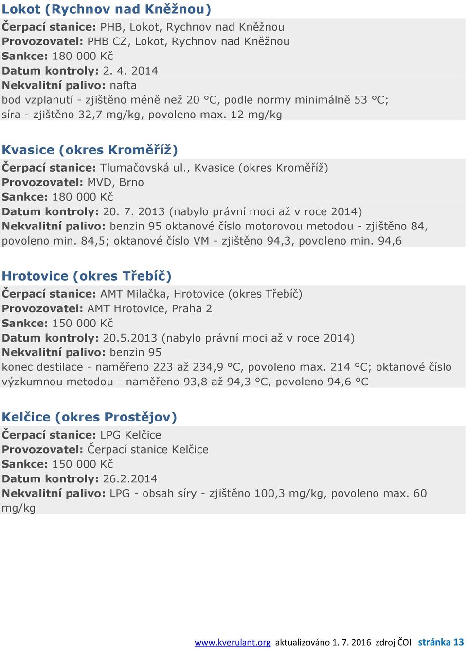 12 mg/kg Kvasice (okres Kroměříž) Čerpací stanice: Tlumačovská ul., Kvasice (okres Kroměříž) Provozovatel: MVD, Brno Sankce: 180 000 Kč Datum kontroly: 20. 7.