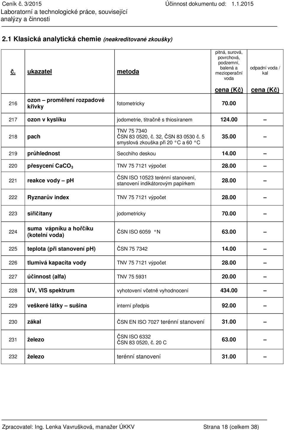 00 217 ozon v kyslíku jodometrie, titračně s thiosíranem 124.00 218 pach TNV 75 7340 ČSN 83 0520, č. 32, ČSN 83 0530 č. 5 smyslová zkouška při 20 C a 60 C 35.00 219 průhlednost Secchiho deskou 14.