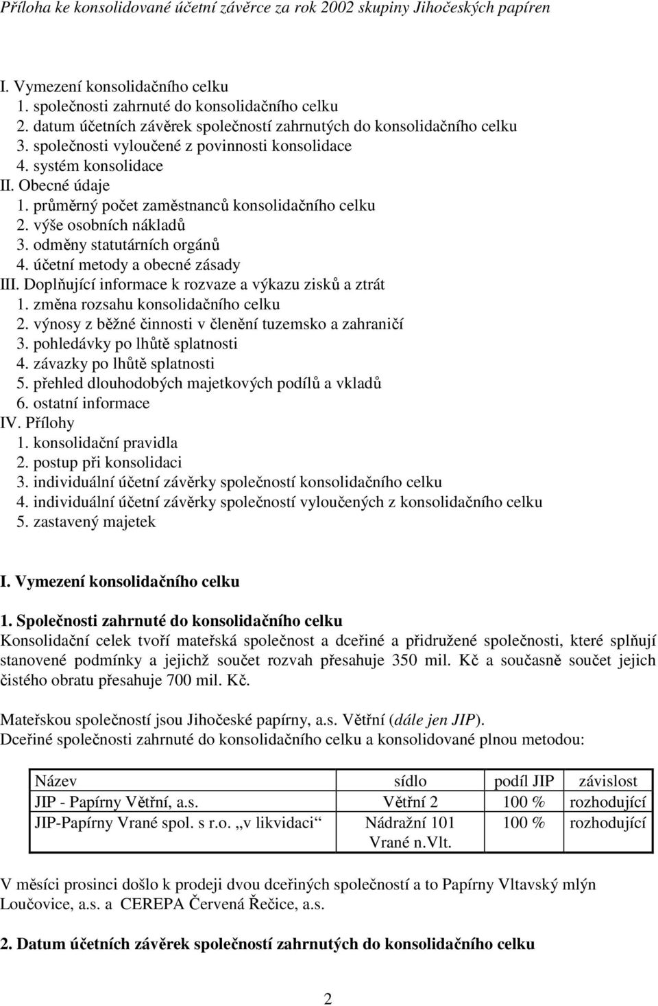 účetní metody a obecné zásady III. Doplňující informace k rozvaze a výkazu zisků a ztrát 1. změna rozsahu konsolidačního celku 2. výnosy z běžné činnosti v členění tuzemsko a zahraničí 3.