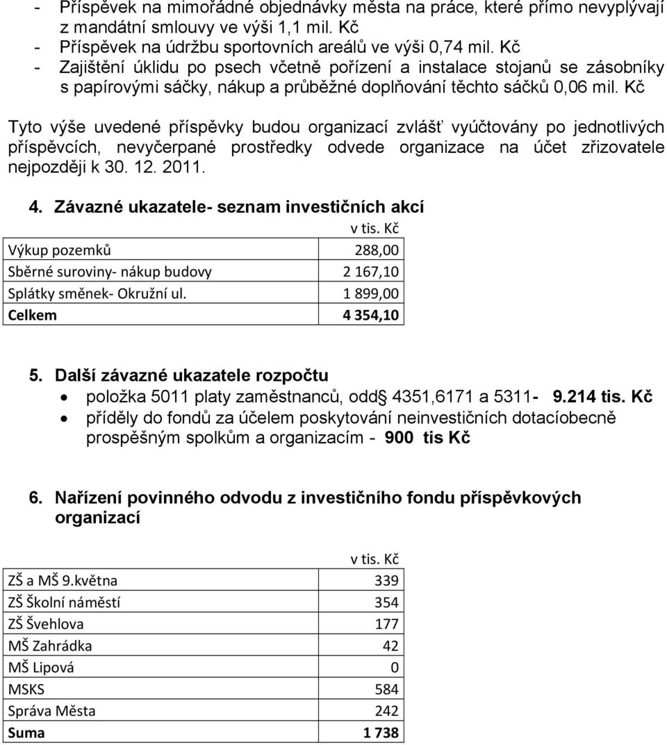 Kč Tyto výše uvedené příspěvky budou organizací zvlášť vyúčtovány po jednotlivých příspěvcích, nevyčerpané prostředky odvede organizace na účet zřizovatele nejpozději k 30. 12. 2011. 4.