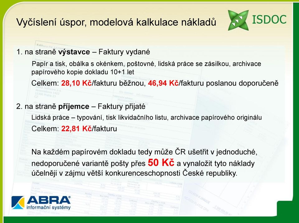 Celkem: 28,10 Kč/fakturu běžnou, 46,94 Kč/fakturu poslanou doporučeně 2.