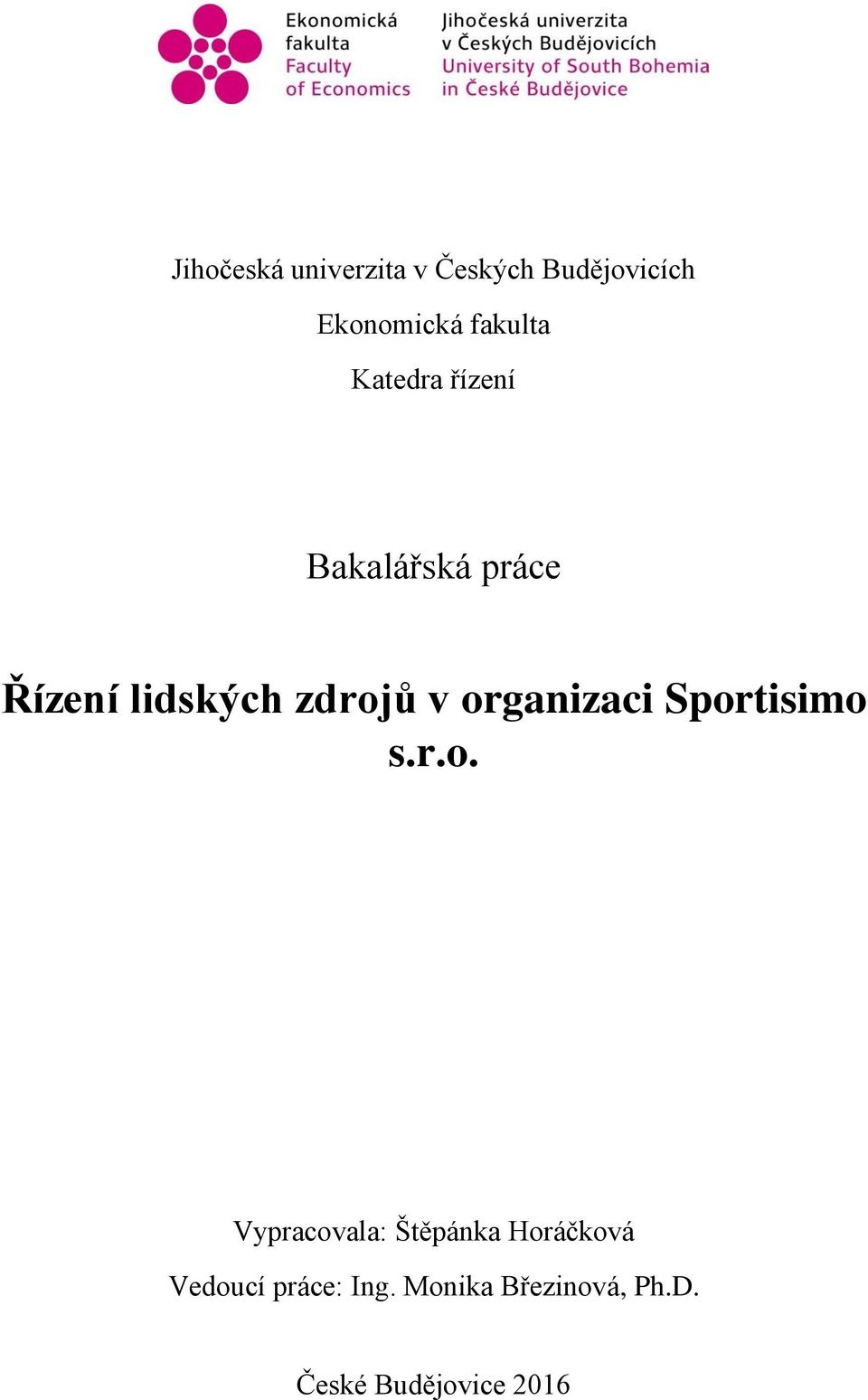 zdrojů v organizaci Sportisimo s.r.o. Vypracovala: Štěpánka Horáčková Vedoucí práce: Ing.