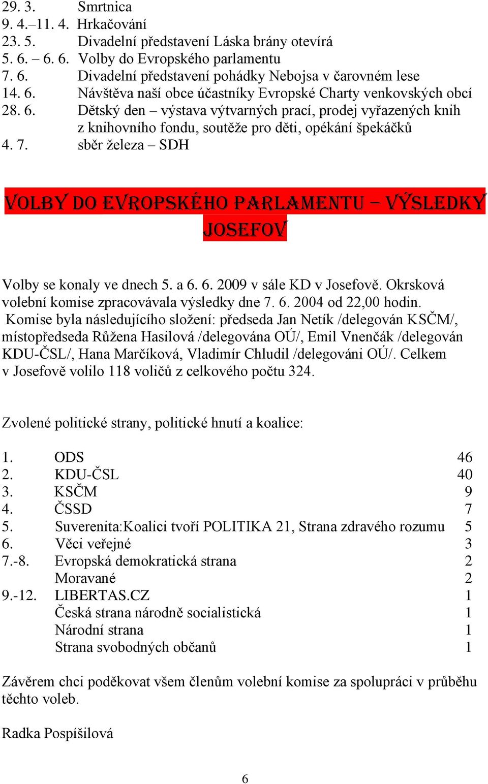 sběr ţeleza SDH Volby do evropského Parlamentu výsledky Josefov Volby se konaly ve dnech 5. a 6. 6. 2009 v sále KD v Josefově. Okrsková volební komise zpracovávala výsledky dne 7. 6. 2004 od 22,00 hodin.