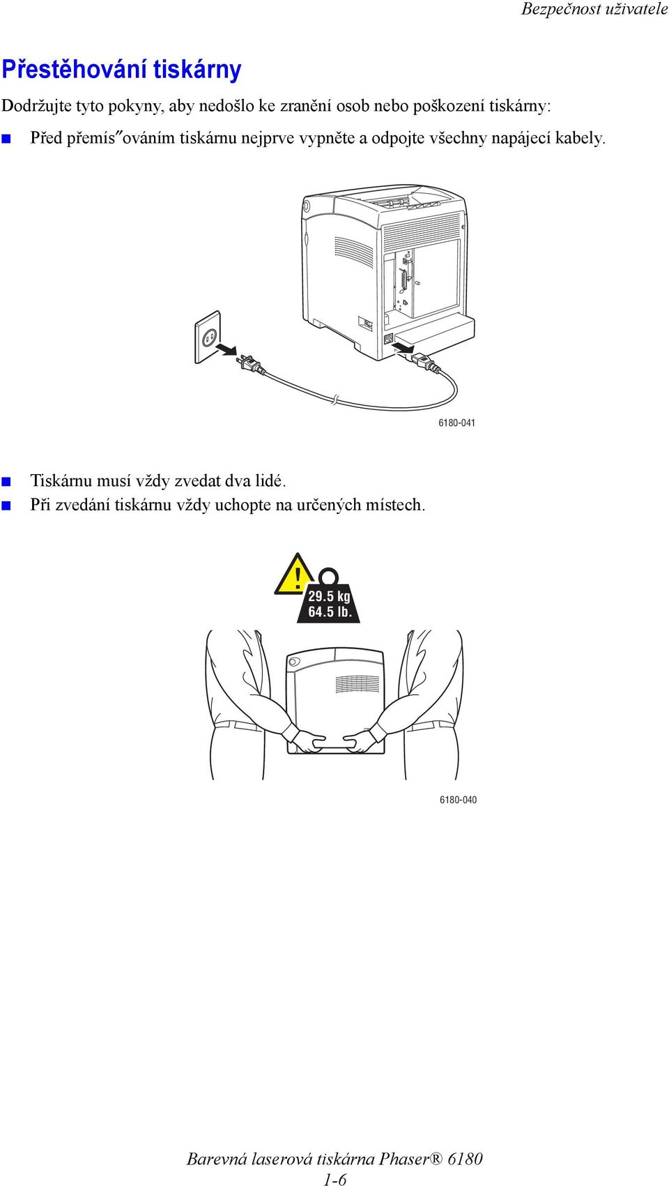 a odpojte všechny napájecí kabely. 6180-041 Tiskárnu musí vždy zvedat dva lidé.
