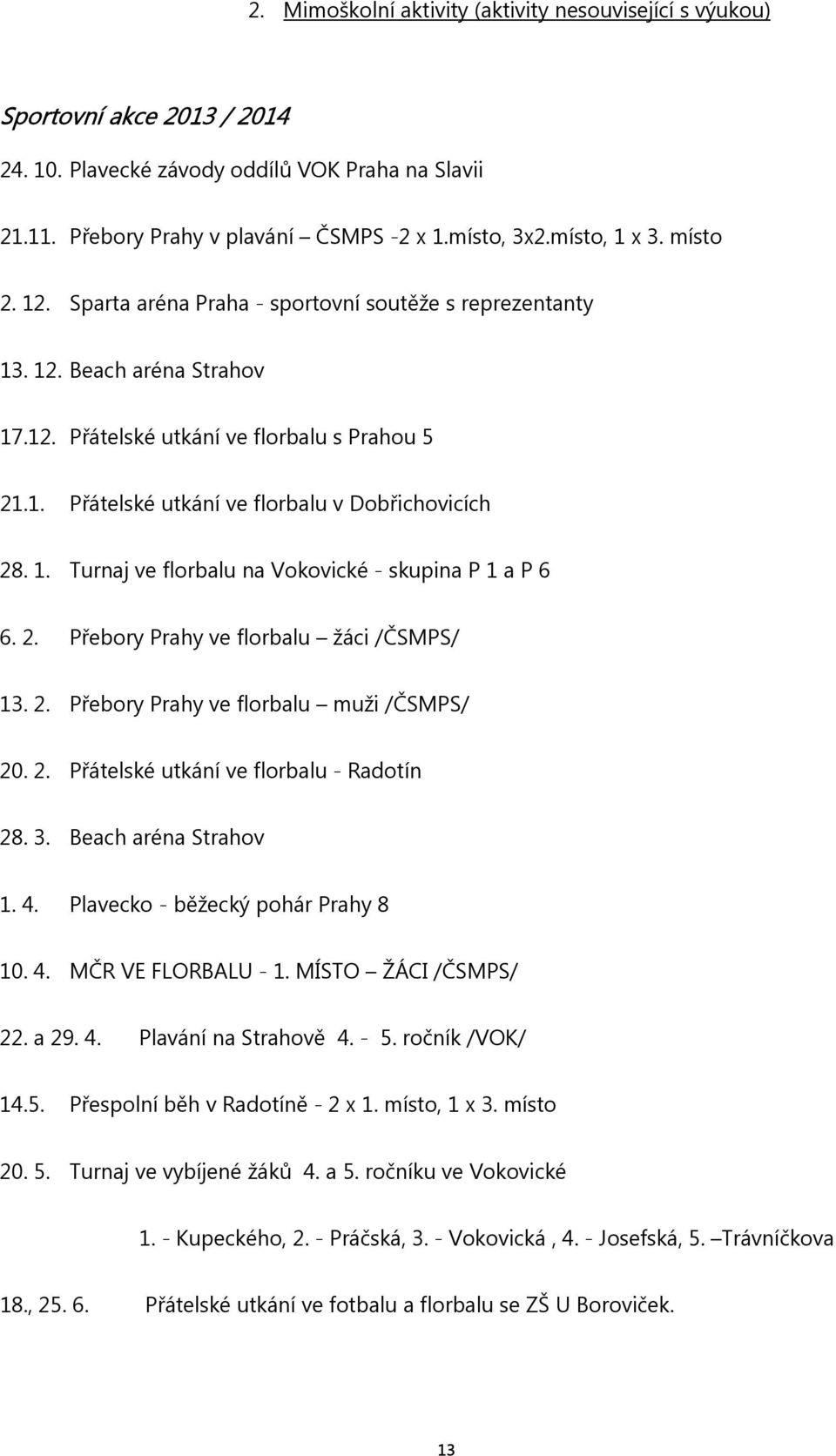 1. Turnaj ve florbalu na Vokovické - skupina P 1 a P 6 6. 2. Přebory Prahy ve florbalu žáci /ČSMPS/ 13. 2. Přebory Prahy ve florbalu muži /ČSMPS/ 20. 2. Přátelské utkání ve florbalu - Radotín 28. 3.