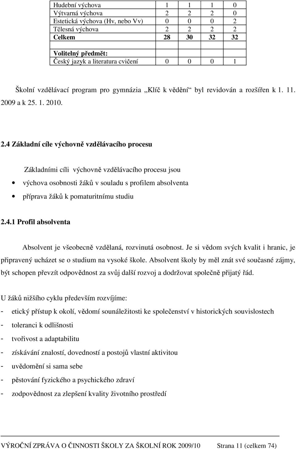 09 a k 25. 1. 2010. 2.4 Základní cíle výchovně vzdělávacího procesu Základními cíli výchovně vzdělávacího procesu jsou výchova osobnosti žáků v souladu s profilem absolventa příprava žáků k pomaturitnímu studiu 2.