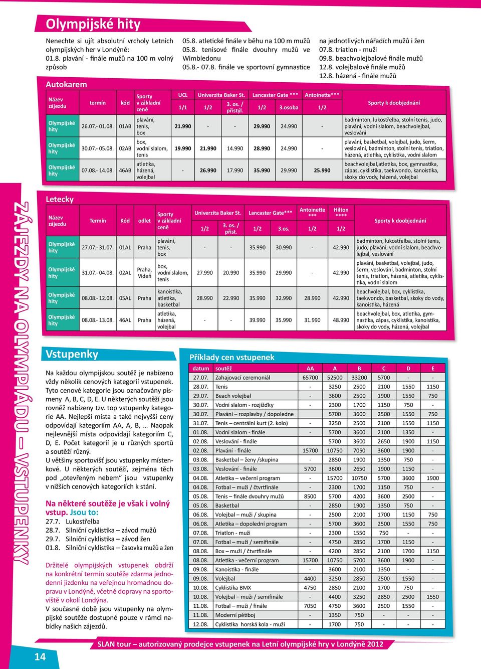 01AB 30.07.- 05.08. 02AB 07.08.- 14.08. 46AB Sporty v základní ceně plavání, tenis, box box, vodní slalom, tenis atletika, házená, volejbal 05.8. atletické finále v běhu na 100 m mužů 05.8. tenisové finále dvouhry mužů ve Wimbledonu 05.