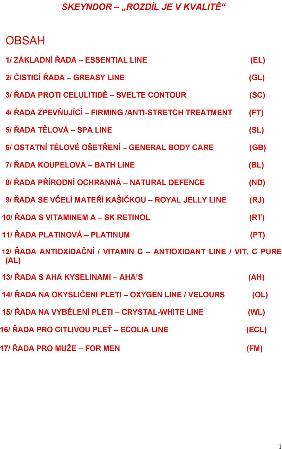 MATEŘÍ KAŠIČKOU ROYAL JELLY LINE (RJ) 10/ ŘADA S VITAMINEM A SK RETINOL (RT) 11/ ŘADA PLATINOVÁ PLATINUM (PT) 12/ ŘADA ANTIOXIDAČNÍ / VITAMIN C ANTIOXIDANT LINE / VIT.