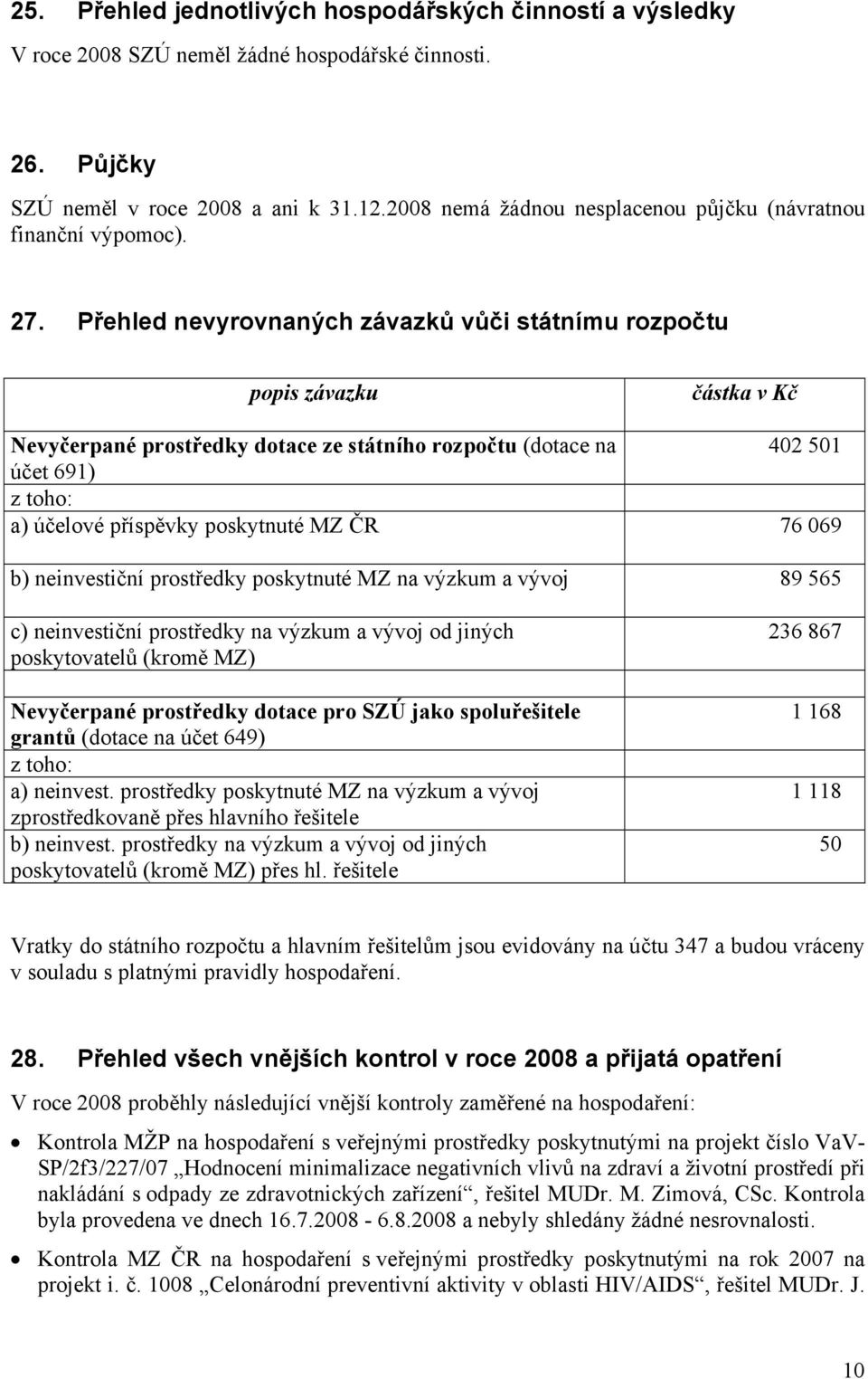 Přehled nevyrovnaných závazků vůči státnímu rozpočtu popis závazku částka v Kč Nevyčerpané prostředky dotace ze státního rozpočtu (dotace na 402 501 účet 691) a) účelové příspěvky poskytnuté MZ ČR 76