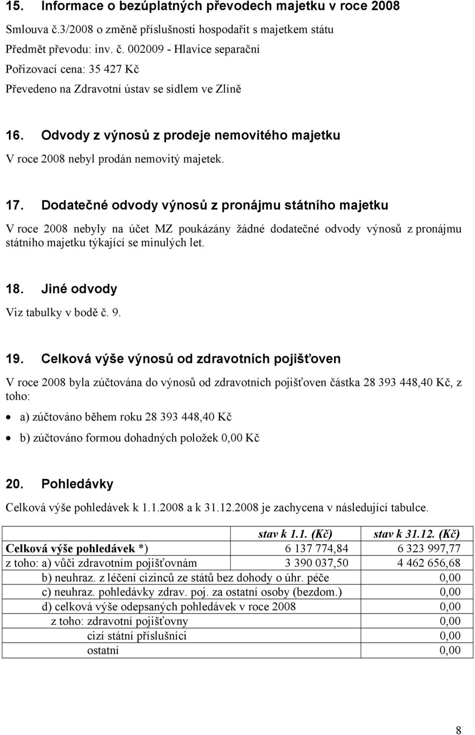 Dodatečné odvody výnosů z pronájmu státního majetku V roce 2008 nebyly na účet MZ poukázány žádné dodatečné odvody výnosů z pronájmu státního majetku týkající se minulých let. 18.