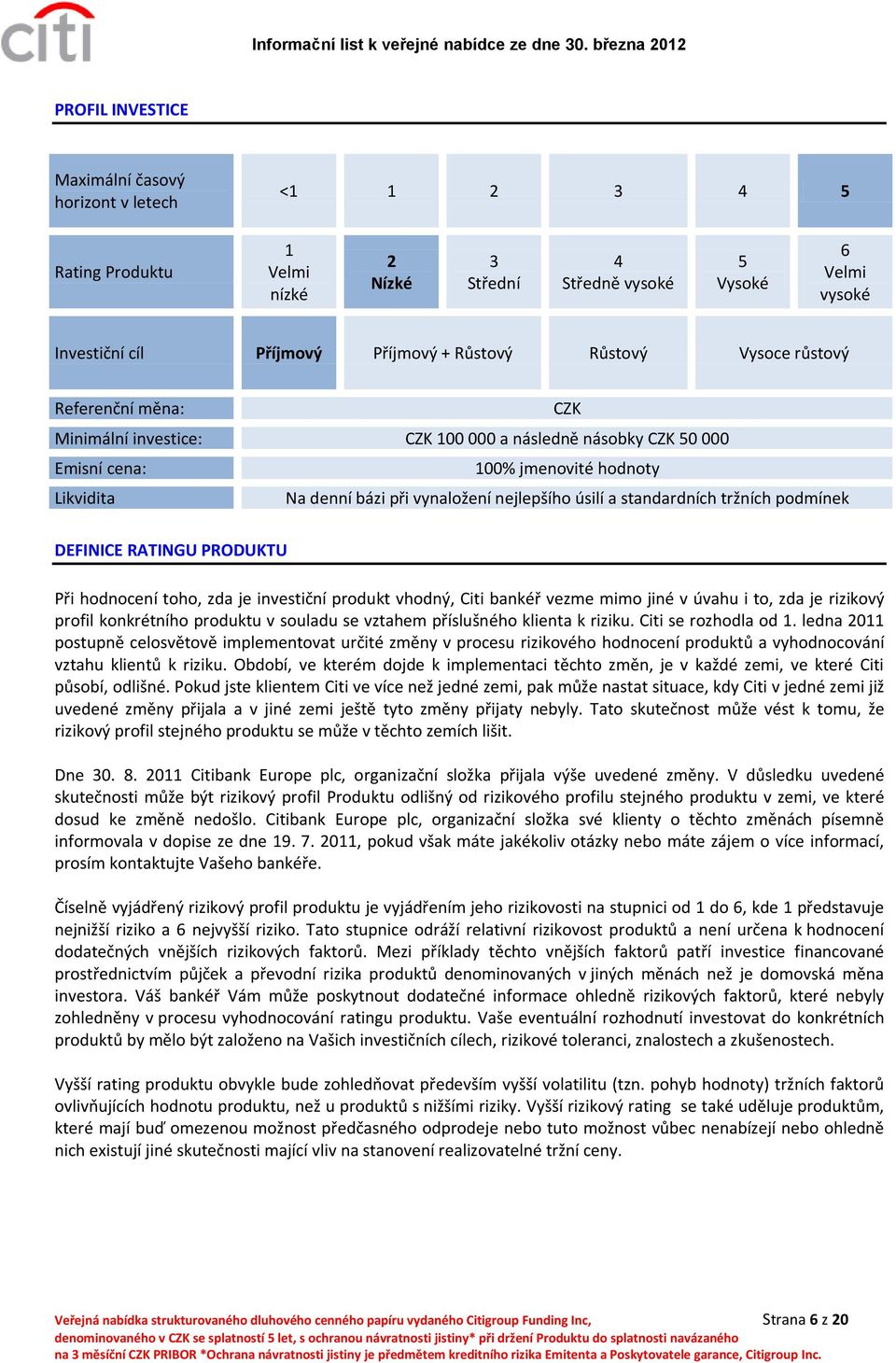 a standardních tržních podmínek DEFINICE RATINGU PRODUKTU Při hodnocení toho, zda je investiční produkt vhodný, Citi bankéř vezme mimo jiné v úvahu i to, zda je rizikový profil konkrétního produktu v