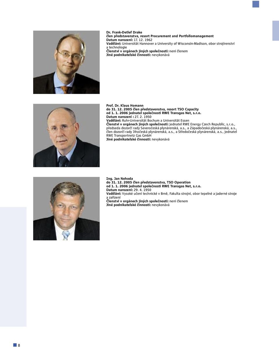 Prof. Dr. Klaus Homann do 31. 12. 2005 člen představenstva, resort TSO Capacity od 1. 1. 2006 jednatel společnosti RWE Transgas Net, s. r. o. Datum narození : 27. 2. 1950 Vzdělání: Ruhr-Universität Bochum a Universität Essen Členství v orgánech jiných společností: jednatel RWE Energy Czech Republic, s.