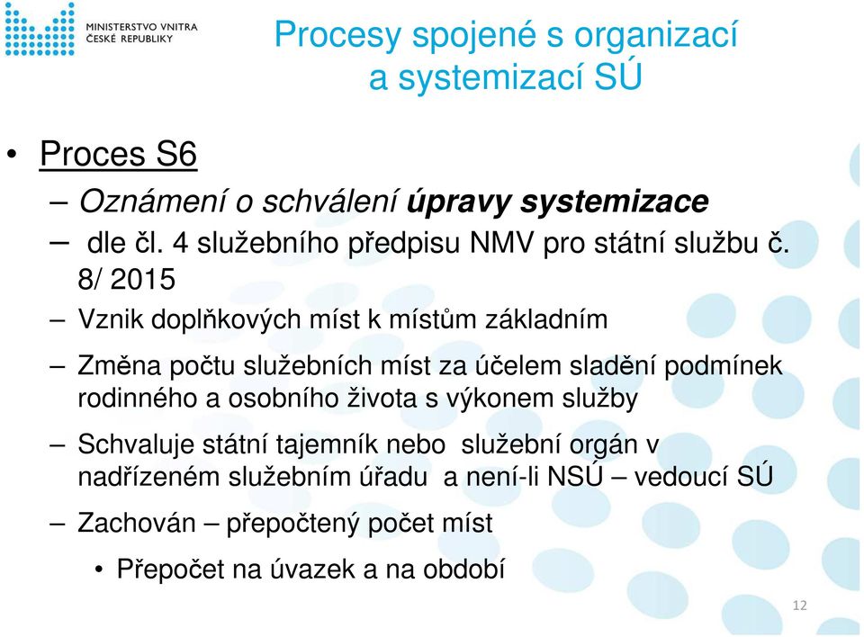 8/ 2015 Vznik doplňkových míst k místům základním Změna počtu služebních míst za účelem sladění podmínek rodinného a