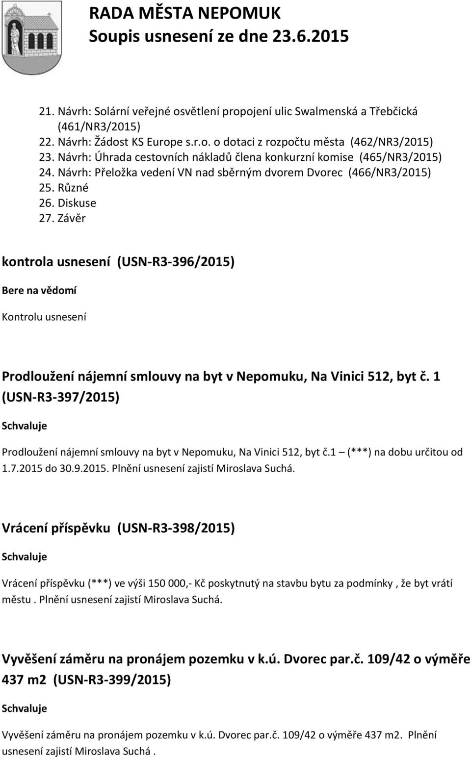 Závěr kontrola usnesení (USN-R3-396/2015) Kontrolu usnesení Prodloužení nájemní smlouvy na byt v Nepomuku, Na Vinici 512, byt č.