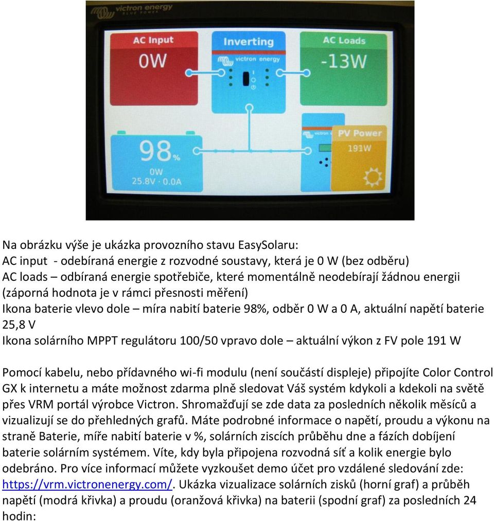 vpravo dole aktuální výkon z FV pole 191 W Pomocí kabelu, nebo přídavného wi-fi modulu (není součástí displeje) připojíte Color Control GX k internetu a máte možnost zdarma plně sledovat Váš systém