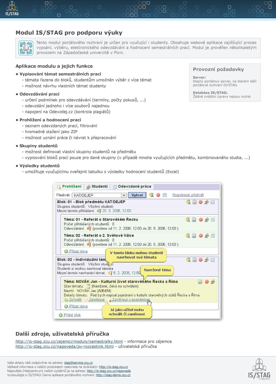 Aplikace modulu a jejich funkce Vypisování témat semestrálních prací - témata řazena do bloků, studentům umožněn výběr z více témat - možnost návrhu vlastních témat studenty Odevzdávání prací -