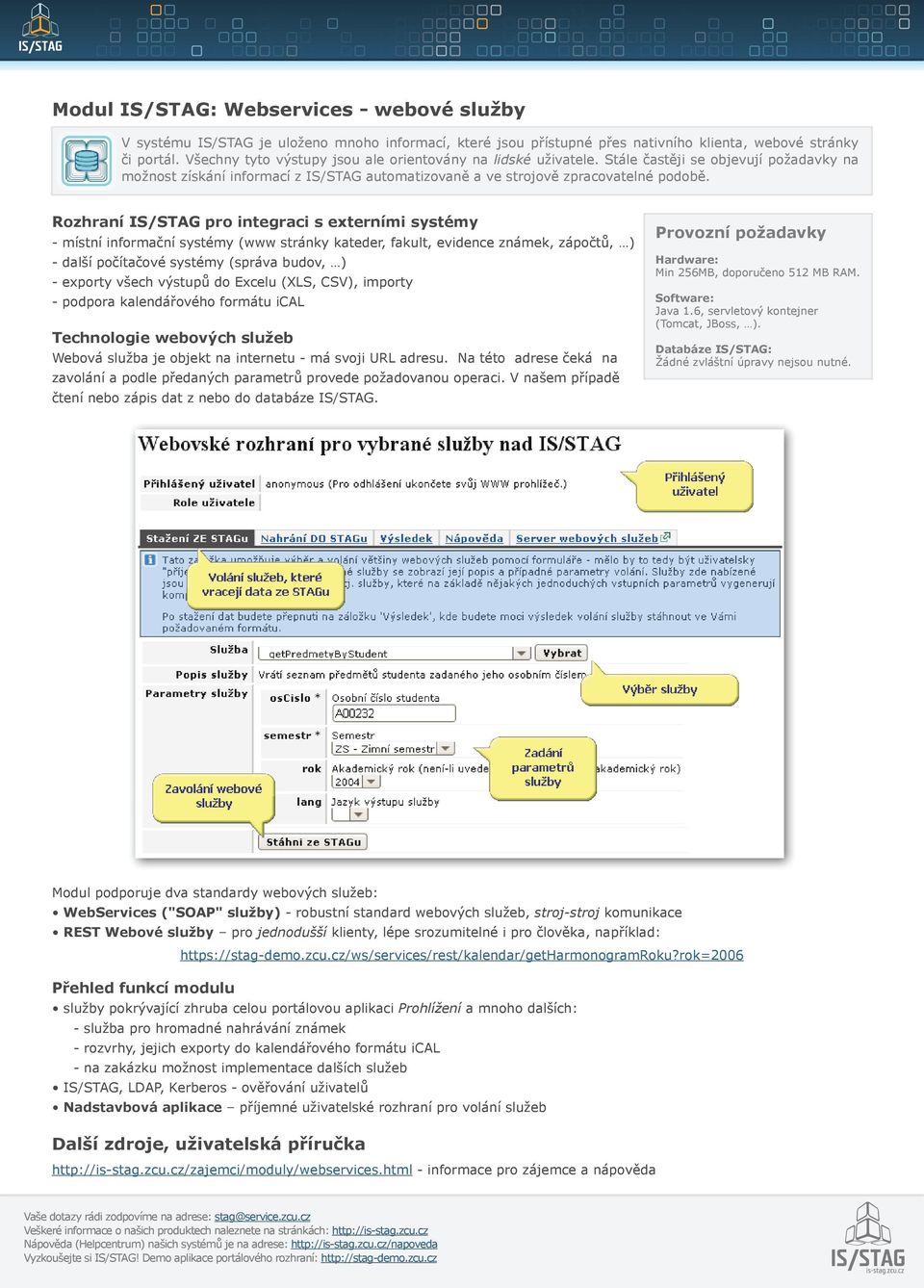 Rozhraní IS/STAG pro integraci s externími systémy - místní informační systémy (www stránky kateder, fakult, evidence známek, zápočtů, ) - další počítačové systémy (správa budov, ) - exporty všech