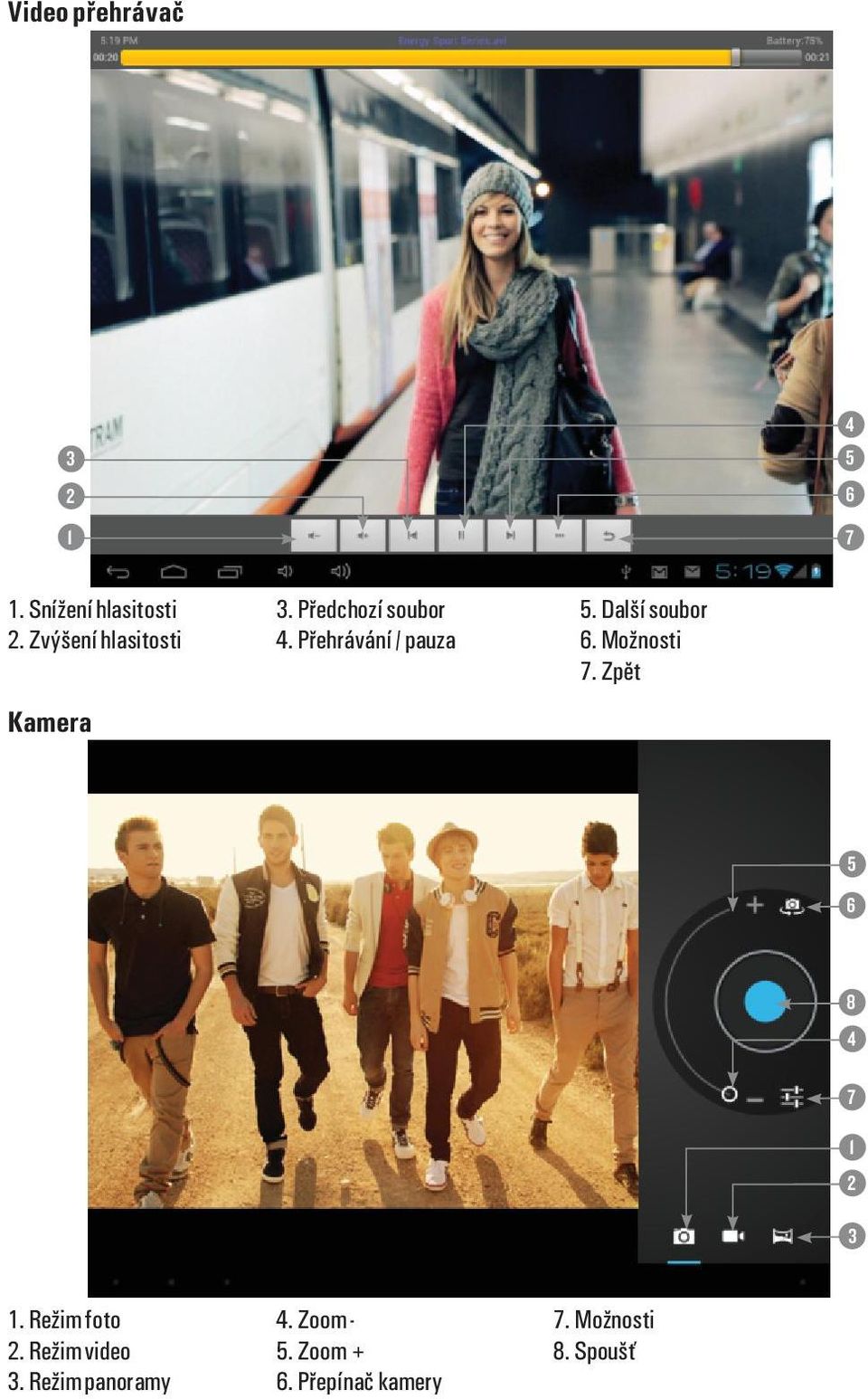 Pøehrávání / pauza 6. Možnosti 7. Zpìt Kamera 5 6 8 4 7 1 1.