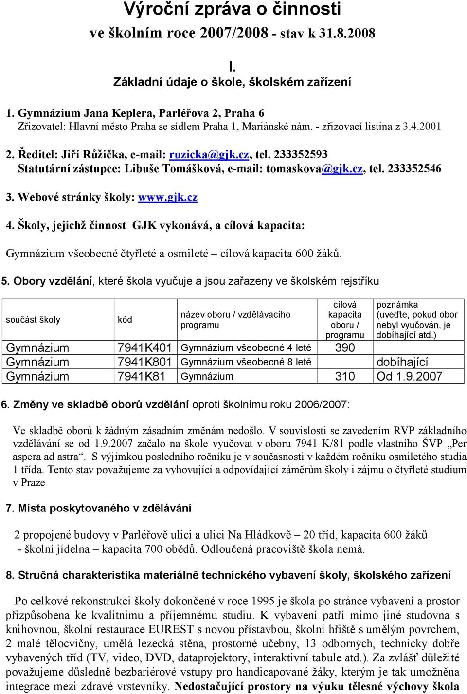 233352593 Statutární zástupce: Libuše Tomášková, e-mail: tomaskova@gjk.cz, tel. 233352546 3. Webové stránky školy: www.gjk.cz 4.