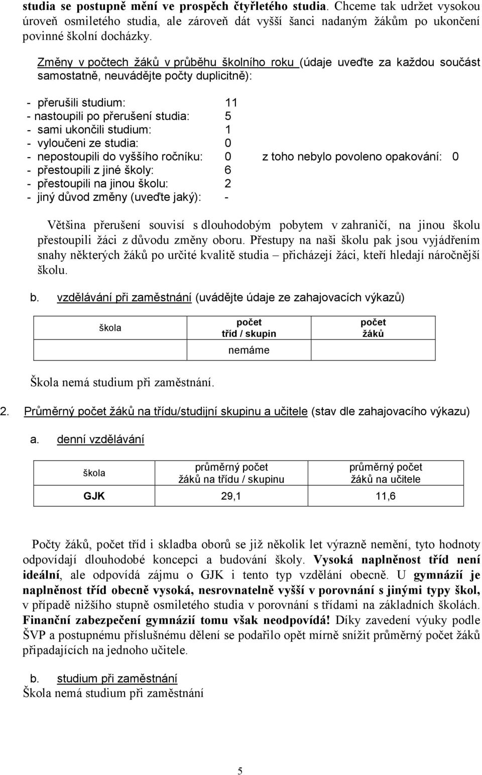 studium: 1 - vyloučeni ze studia: 0 - nepostoupili do vyššího ročníku: 0 z toho nebylo povoleno opakování: 0 - přestoupili z jiné školy: 6 - přestoupili na jinou školu: 2 - jiný důvod změny (uveďte