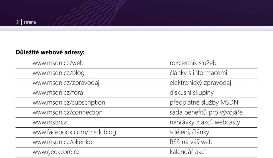 msdn.cz/connection sada benefitů pro vývojáře www.mstv.cz nahrávky z akcí, webcasty www.facebook.