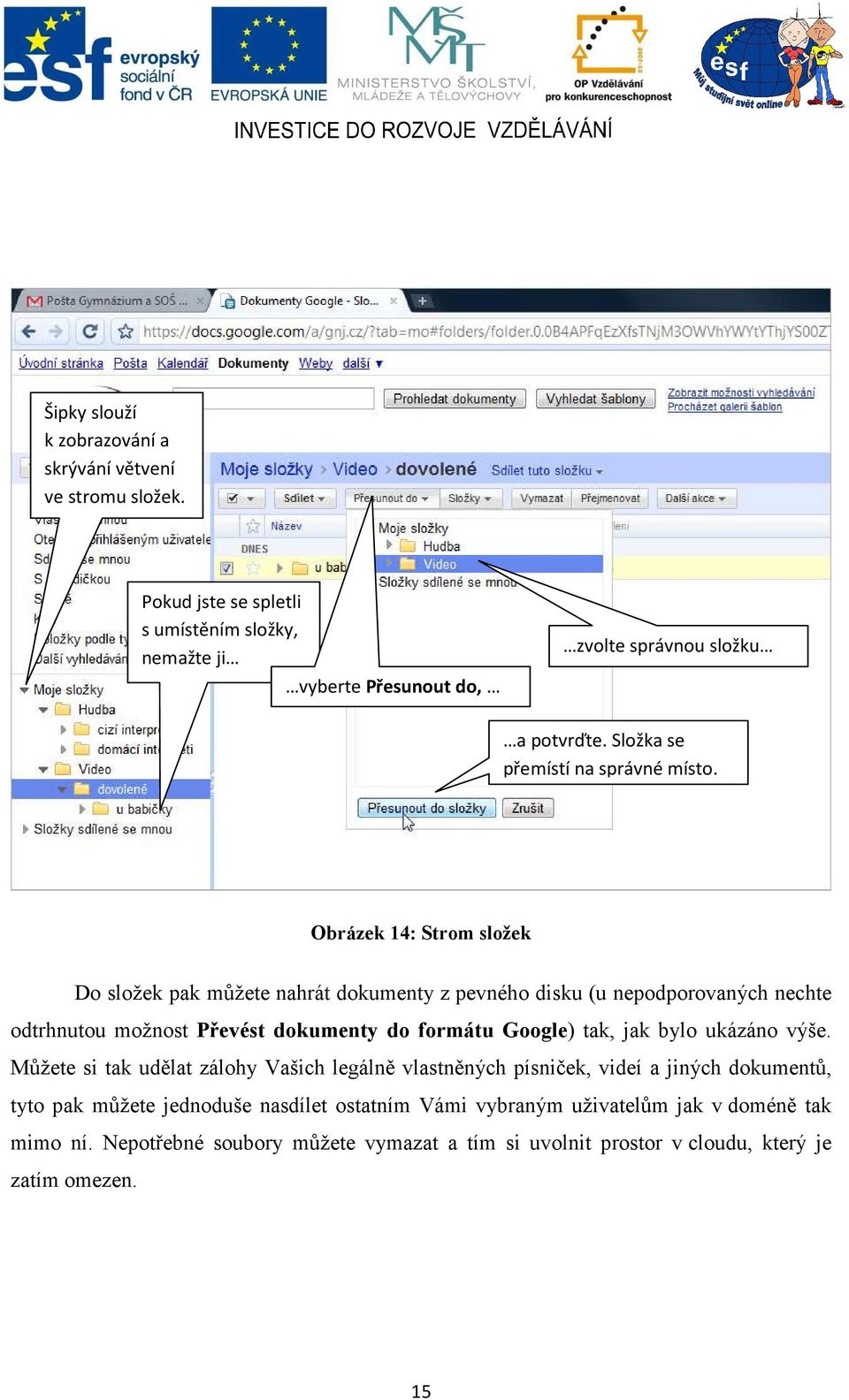 Obrázek 14: Strom složek Do složek pak můžete nahrát dokumenty z pevného disku (u nepodporovaných nechte odtrhnutou možnost Převést dokumenty do formátu Google) tak, jak