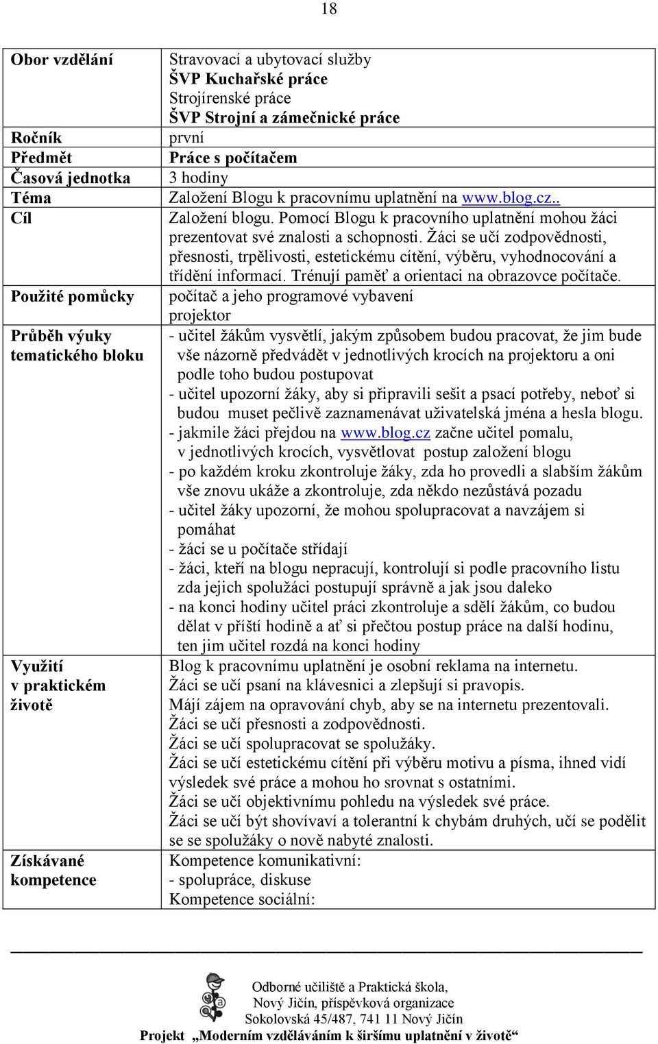 Pomocí Blogu k pracovního uplatnění mohou ţáci prezentovat své znalosti a schopnosti. Ţáci se učí zodpovědnosti, přesnosti, trpělivosti, estetickému cítění, výběru, vyhodnocování a třídění informací.