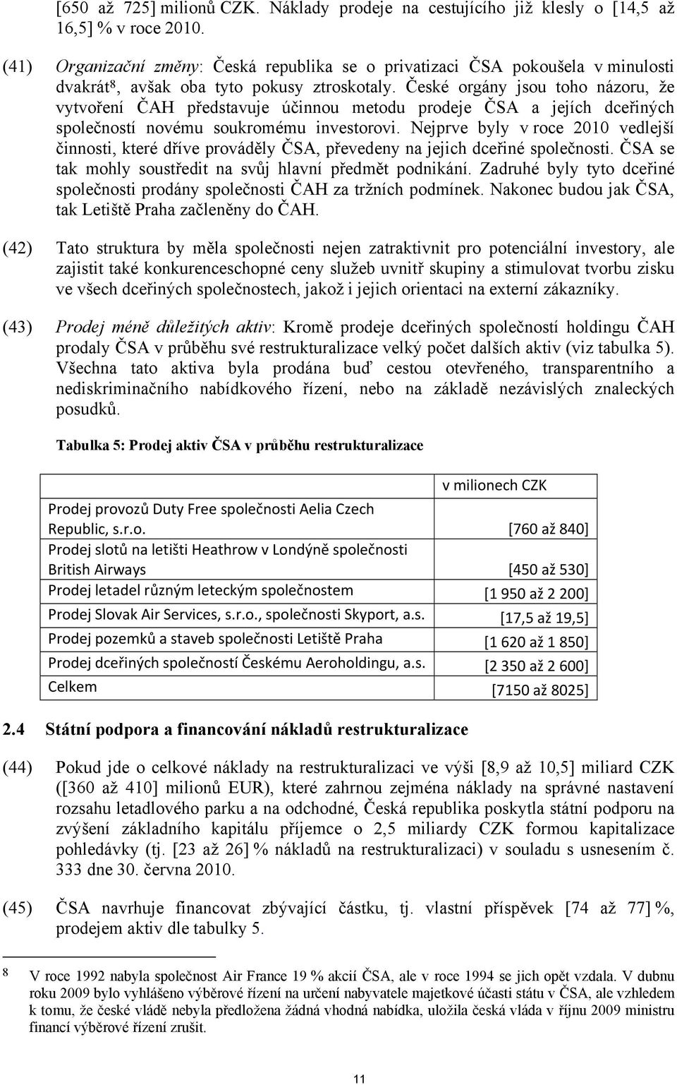 České orgány jsou toho názoru, že vytvoření ČAH představuje účinnou metodu prodeje ČSA a jejích dceřiných společností novému soukromému investorovi.