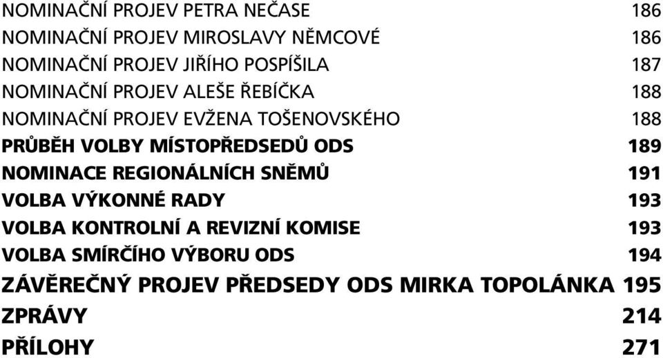 MÍSTOPŘEDSEDŮ ODS 189 NOMINACE REGIONÁLNÍCH SNĚMŮ 191 VOLBA VÝKONNÉ RADY 193 VOLBA KONTROLNÍ A REVIZNÍ