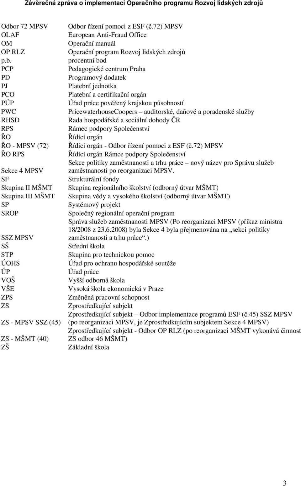 72) MPSV European Anti-Fraud Office Operační manuál Operační program Rozvoj lidských zdrojů procentní bod Pedagogické centrum Praha Programový dodatek Platební jednotka Platební a certifikační orgán