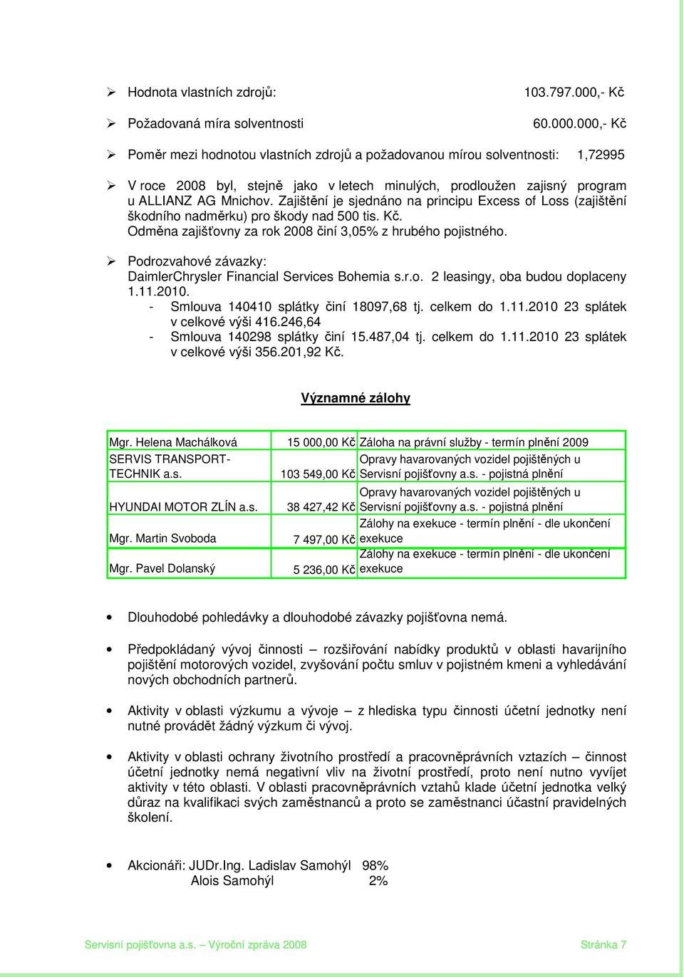 Zajištění je sjednáno na principu Excess of Loss (zajištění škodního nadměrku) pro škody nad 500 tis. Kč. Odměna zajišťovny za rok 2008 činí 3,05% z hrubého pojistného.