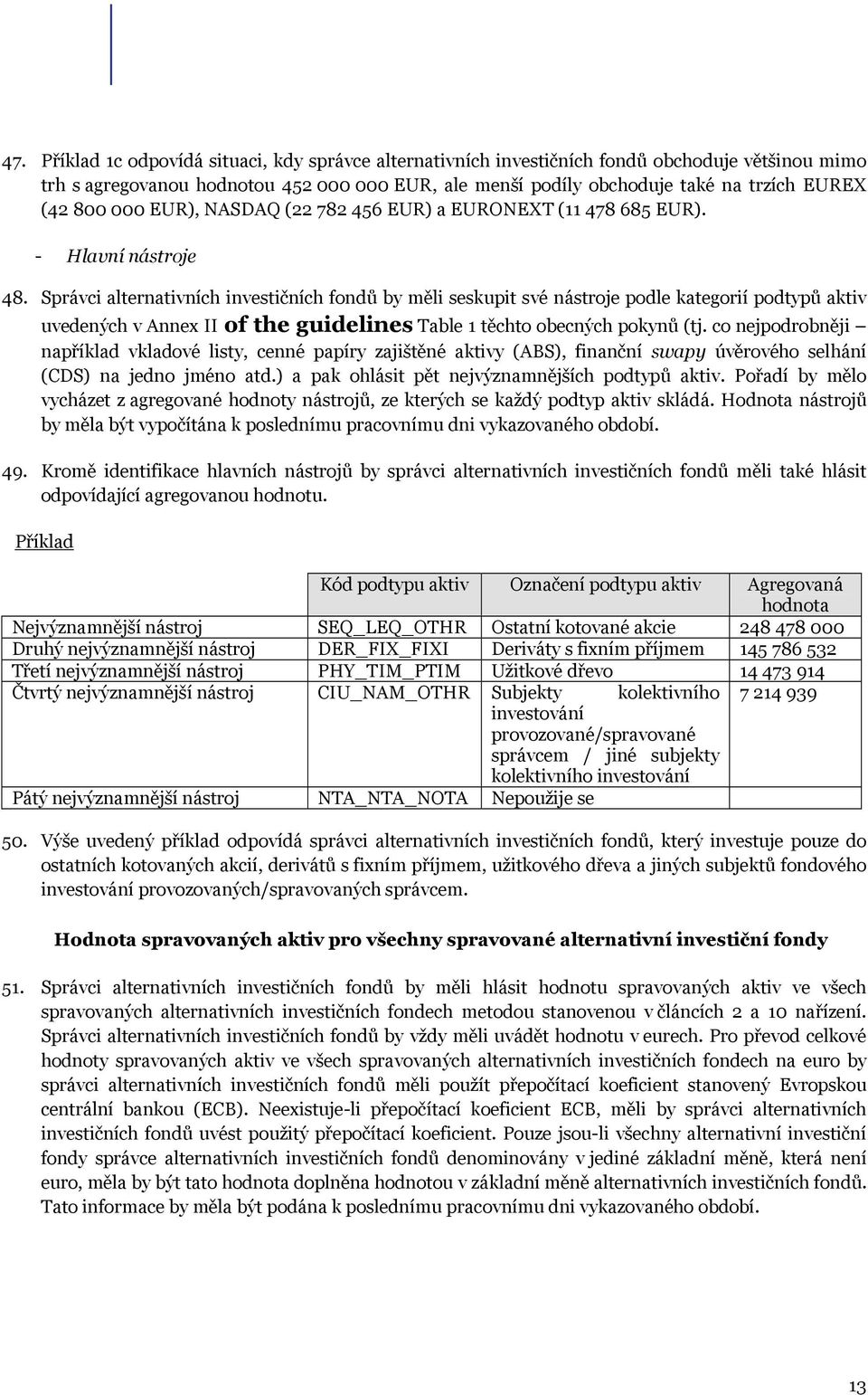 Správci alternativních investičních fondů by měli seskupit své nástroje podle kategorií podtypů aktiv uvedených v Annex II of the guidelines Table 1 těchto obecných pokynů (tj.