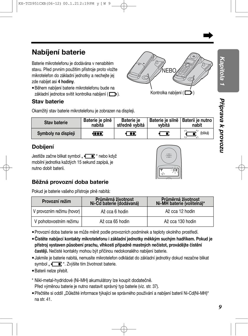 Během nabíjení baterie mikrotelefonu bude na základní jednotce svítit kontrolka nabíjení ( ). Stav baterie Okamžitý stav baterie mikrotelefonu je zobrazen na displeji.