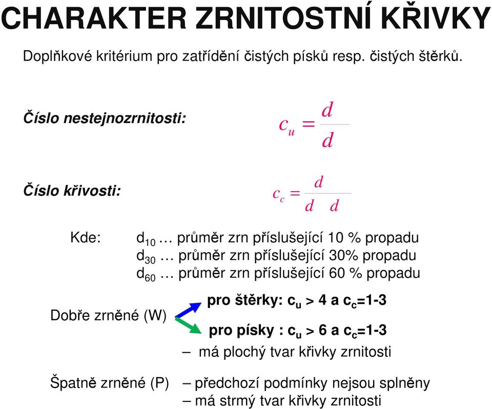 průměr zrn příslušející 30% propadu d 60 průměr zrn příslušející 60 % propadu Dobře zrněné (W) pro štěrky: c u > 4 a c c