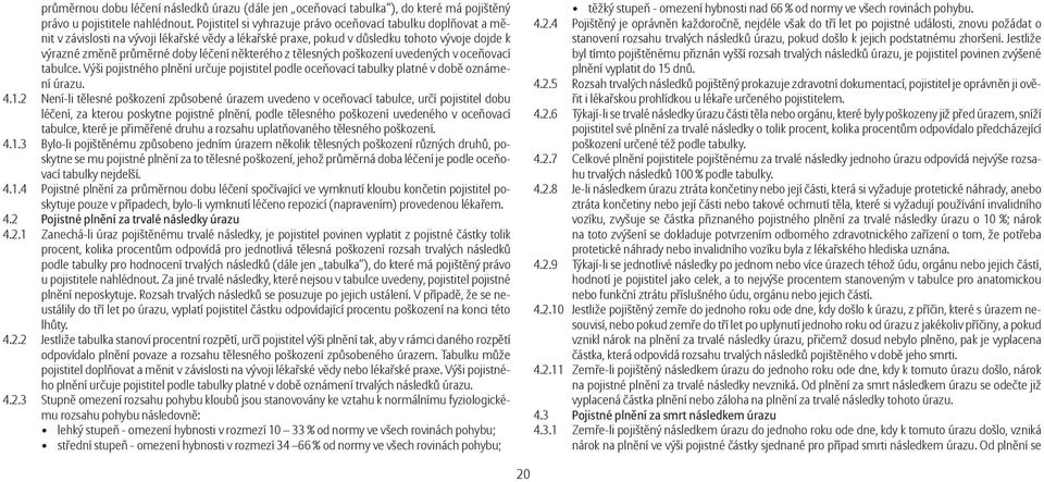 některého z tělesných poškození uvedených v oceňovací tabulce. Výši pojistného plnění určuje pojistitel podle oceňovací tabulky platné v době oznámení úrazu. 4.1.