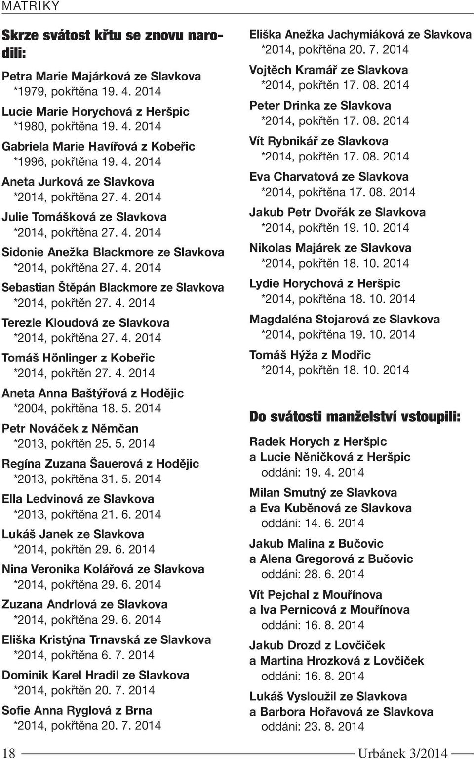 4. 2014 Terezie Kloudová ze Slavkova *2014, pokřtěna 27. 4. 2014 Tomáš Hönlinger z Kobeřic *2014, pokřtěn 27. 4. 2014 Aneta Anna Baštýřová z Hodějic *2004, pokřtěna 18. 5.