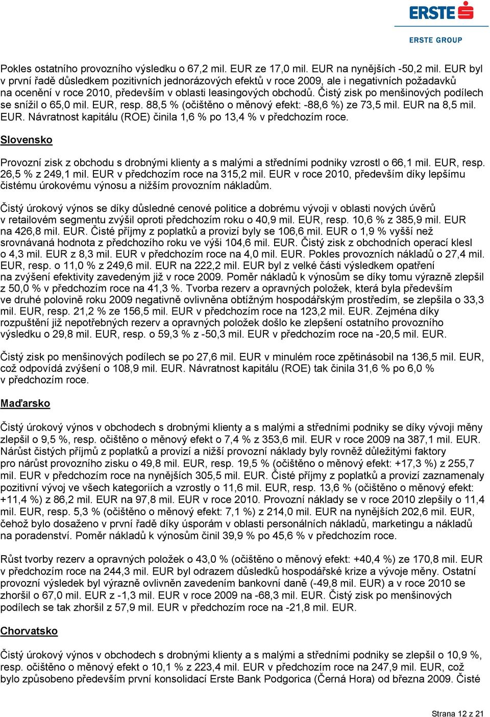 Čistý zisk po menšinových podílech se snížil o 65,0 mil. EUR, resp. 88,5 % (očištěno o měnový efekt: -88,6 %) ze 73,5 mil. EUR na 8,5 mil. EUR. Návratnost kapitálu (ROE) činila 1,6 % po 13,4 % v předchozím roce.