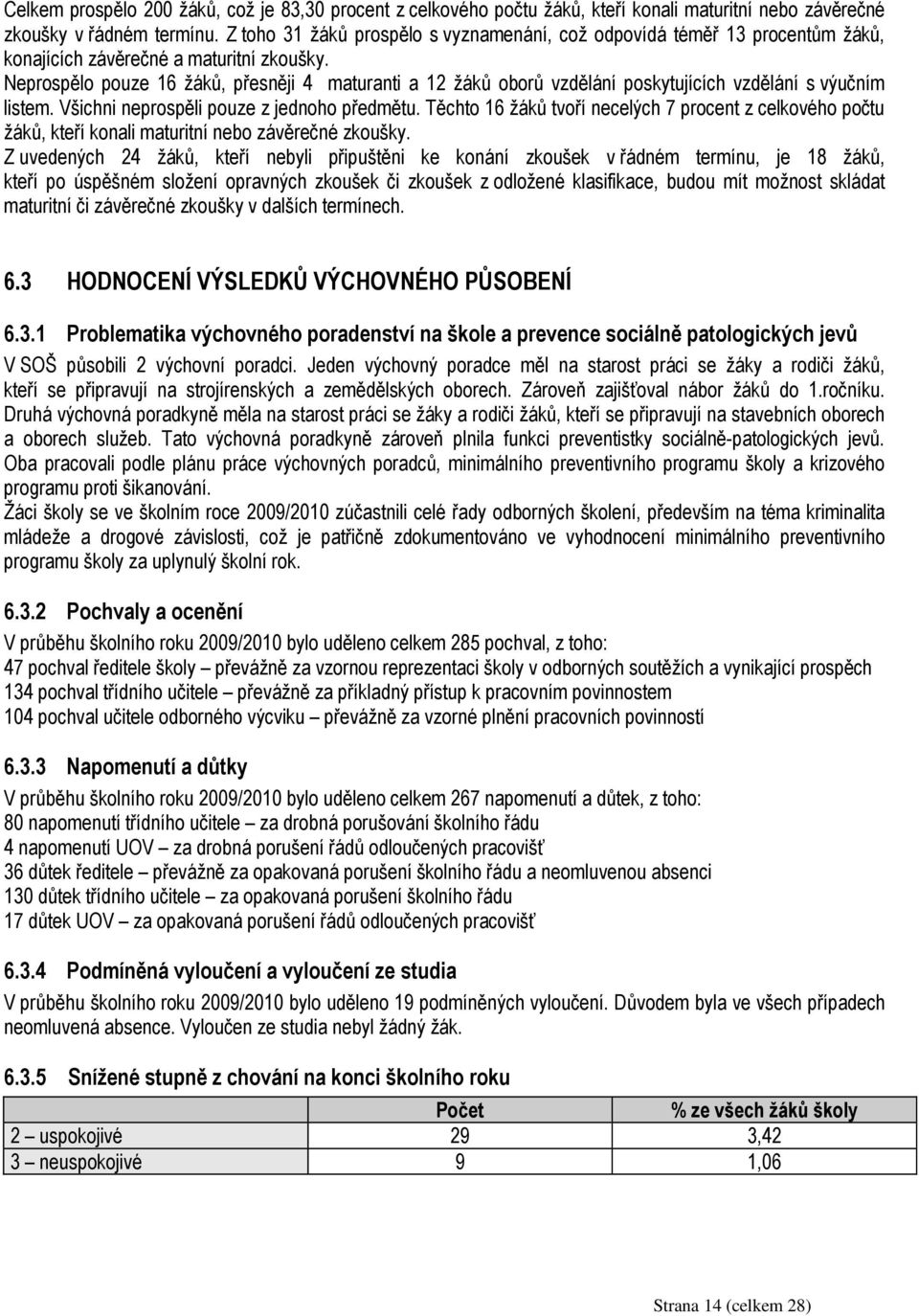 Neprospělo pouze 16 žáků, přesněji 4 maturanti a 12 žáků oborů vzdělání poskytujících vzdělání s výučním listem. Všichni neprospěli pouze z jednoho předmětu.