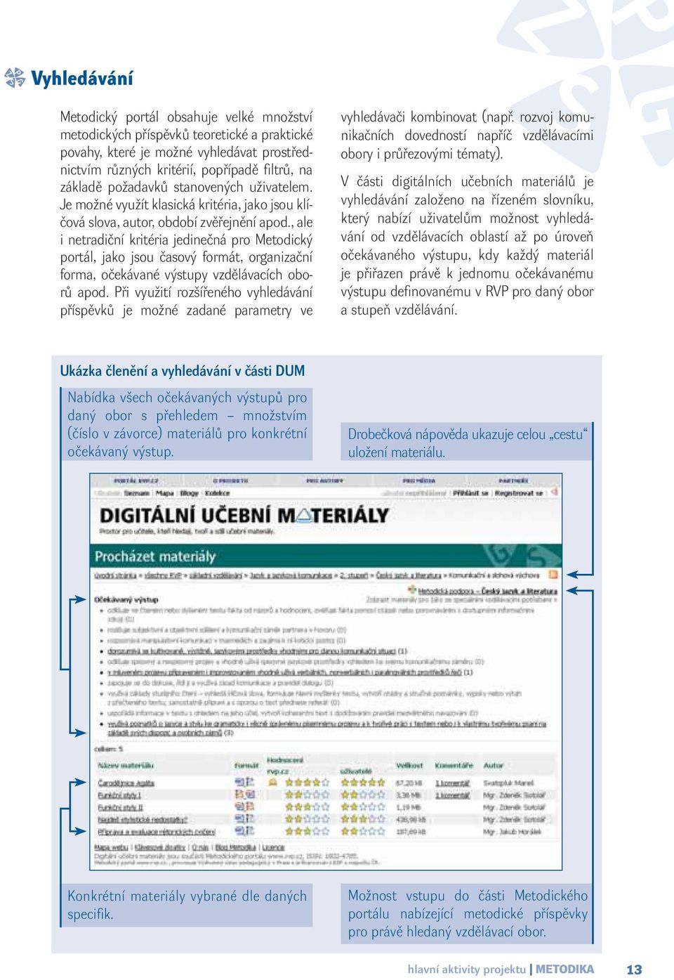 , ale i netradiční kritéria jedinečná pro Metodický portál, jako jsou časový formát, organizační forma, očekávané výstupy vzdělávacích oborů apod.