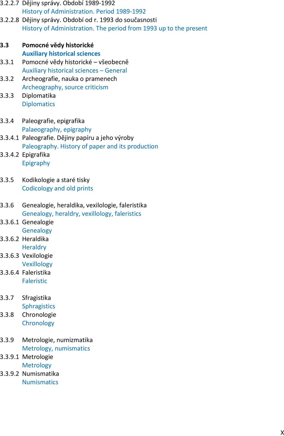 3.3 Diplomatika Diplomatics 3.3.4 Paleografie, epigrafika Palaeography, epigraphy 3.3.4.1 Paleografie. Dějiny papíru a jeho výroby Paleography. History of paper and its production 3.3.4.2 Epigrafika Epigraphy 3.