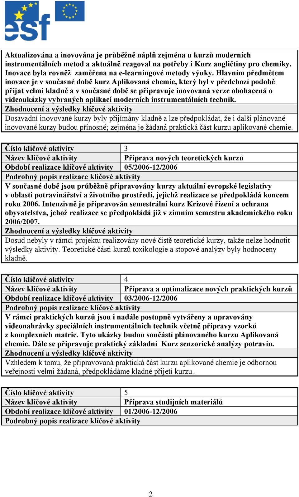 Hlavním předmětem inovace je v současné době kurz Aplikovaná chemie, který byl v předchozí podobě přijat velmi kladně a v současné době se připravuje inovovaná verze obohacená o videoukázky vybraných