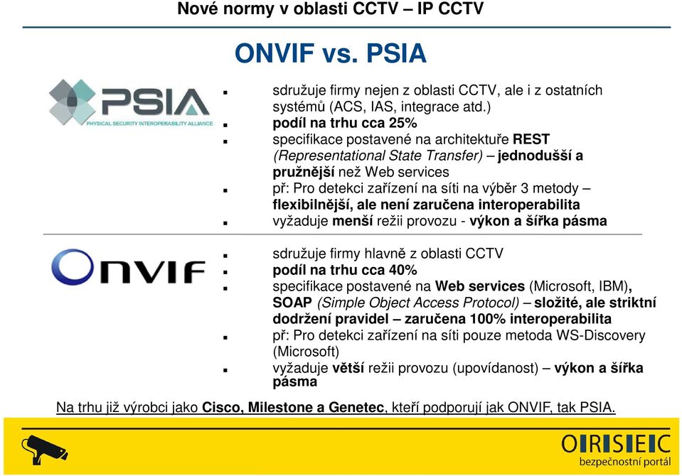 flexibilnější, ale není zaručena interoperabilita vyžaduje menší režii provozu - výkon a šířka pásma sdružuje firmy hlavně z oblasti CCTV podíl na trhu cca 40% specifikace postavené na Web services