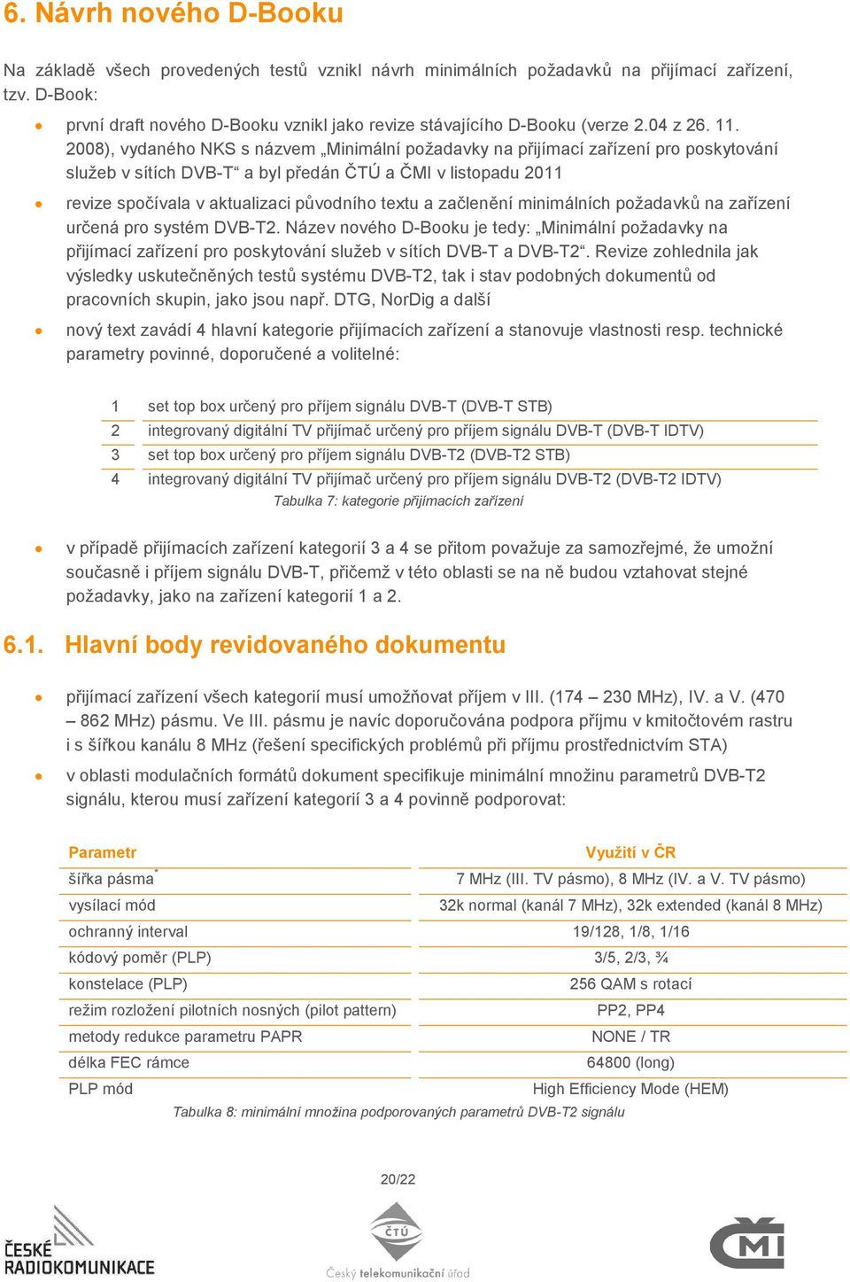 2008), vydaného NKS s názvem Minimální požadavky na přijímací zařízení pro poskytování služeb v sítích DVB-T a byl předán ČTÚ a ČMI v listopadu 2011 revize spočívala v aktualizaci původního textu a