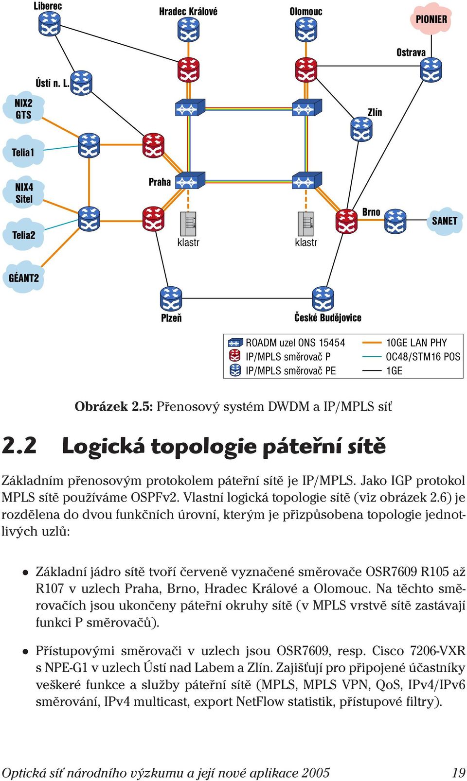 5: Přenosový systém DWDM a IP/MPLS síť 2.2 Logická topologie páteřní sítě Základním přenosovým protokolem páteřní sítě je IP/MPLS. Jako IGP protokol MPLS sítě používáme OSPFv2.