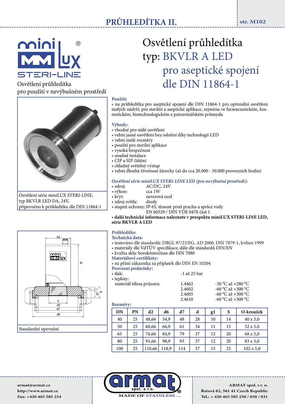 průhledítku dle DIN 11864-1 Osvětlení série minilux STEI-LINE LED (pro nevýbušné prostředí): další technické informace naleznete v prospektu minilux STEI-LINE LED, série BKVL A LED testováno dle