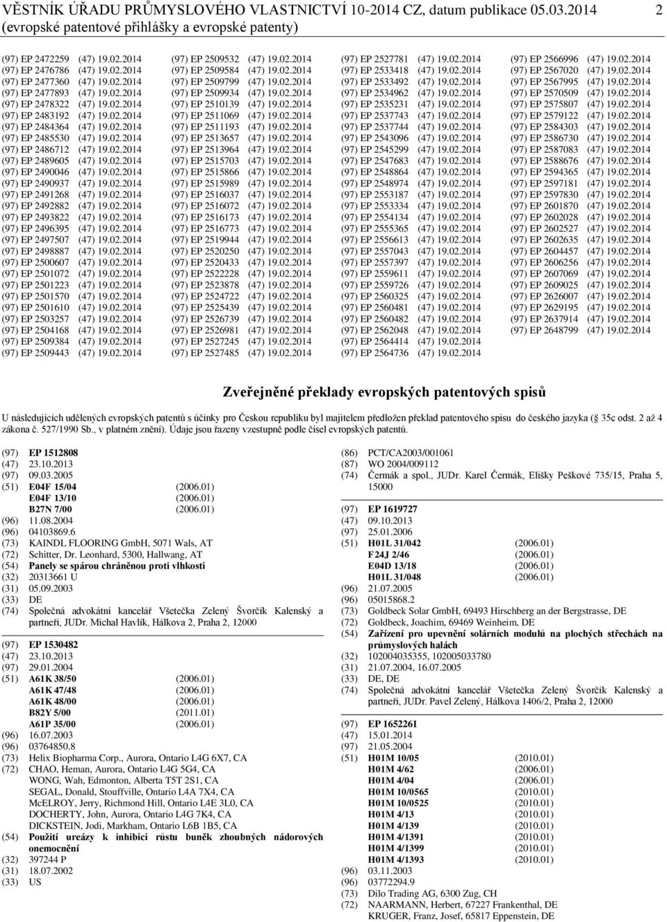 02.2014 (97) EP 2490046 (47) 19.02.2014 (97) EP 2490937 (47) 19.02.2014 (97) EP 2491268 (47) 19.02.2014 (97) EP 2492882 (47) 19.02.2014 (97) EP 2493822 (47) 19.02.2014 (97) EP 2496395 (47) 19.02.2014 (97) EP 2497507 (47) 19.