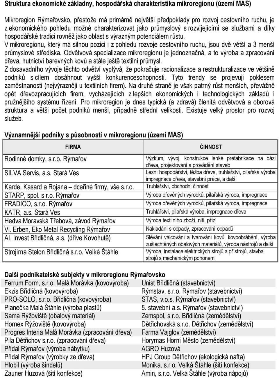 V mikroregionu, který má silnou pozici i z pohledu rozvoje cestovního ruchu, jsou dvě větší a 3 menší průmyslové střediska.