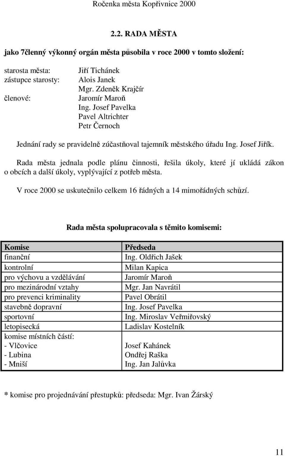 Rada města jednala podle plánu činnosti, řešila úkoly, které jí ukládá zákon o obcích a další úkoly, vyplývající z potřeb města. V roce 2000 se uskutečnilo celkem 16 řádných a 14 mimořádných schůzí.