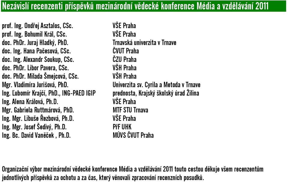 Ing. Mgr. Libuše Řezbová, Ph.D. Ing. Mgr. Josef Šedivý, Ph.D. Ing. Bc. David Vaněček, Ph.D. VŠE Praha VŠE Praha Trnavská univerzita v Trnave ČVUT Praha ČZU Praha VŠH Praha VŠH Praha Univerzita sv.